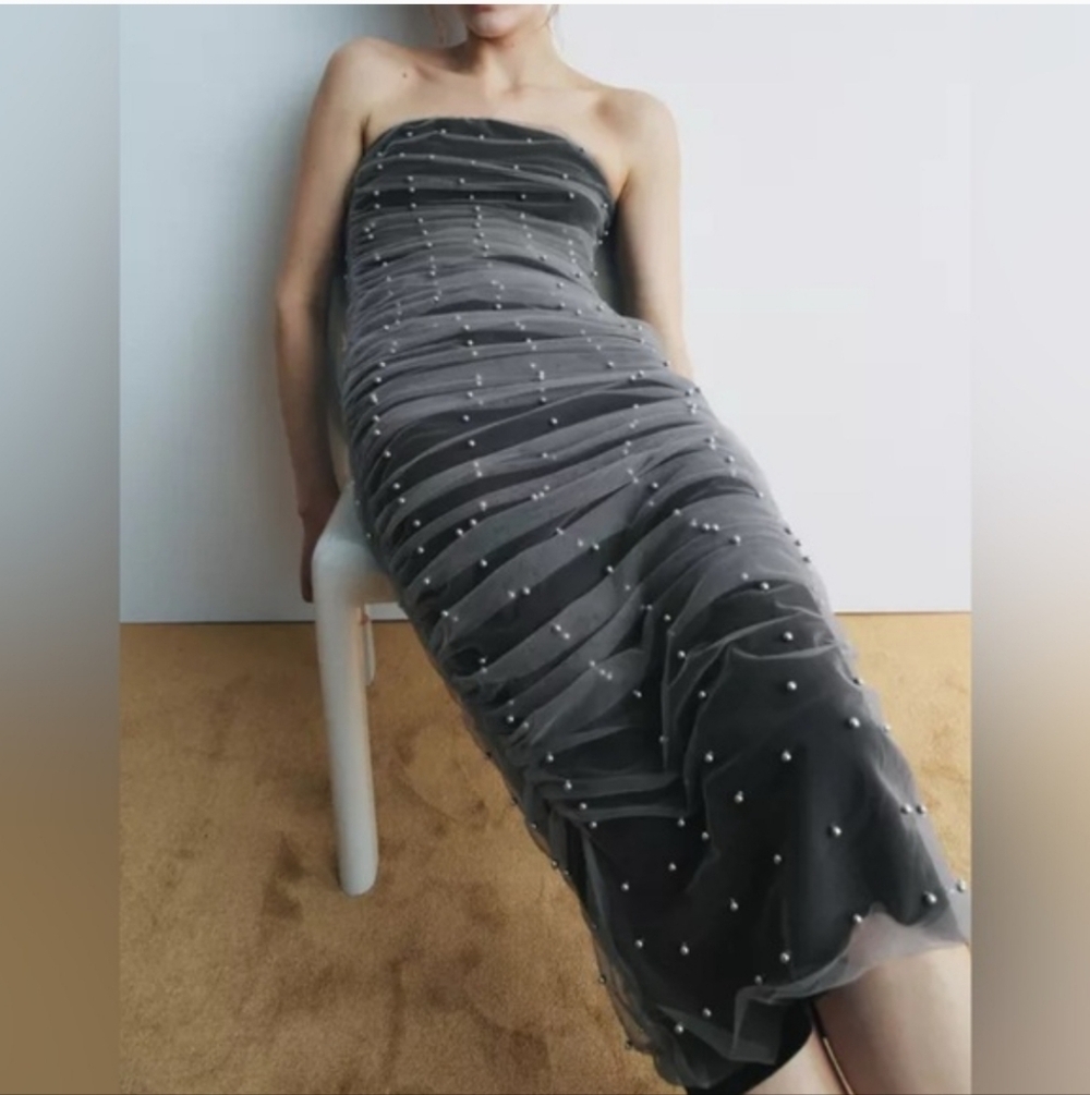 ZARA STRAPPLES TULLE/PEARLS GREY MIDI DRESS WOMENS SIZE LARGE
